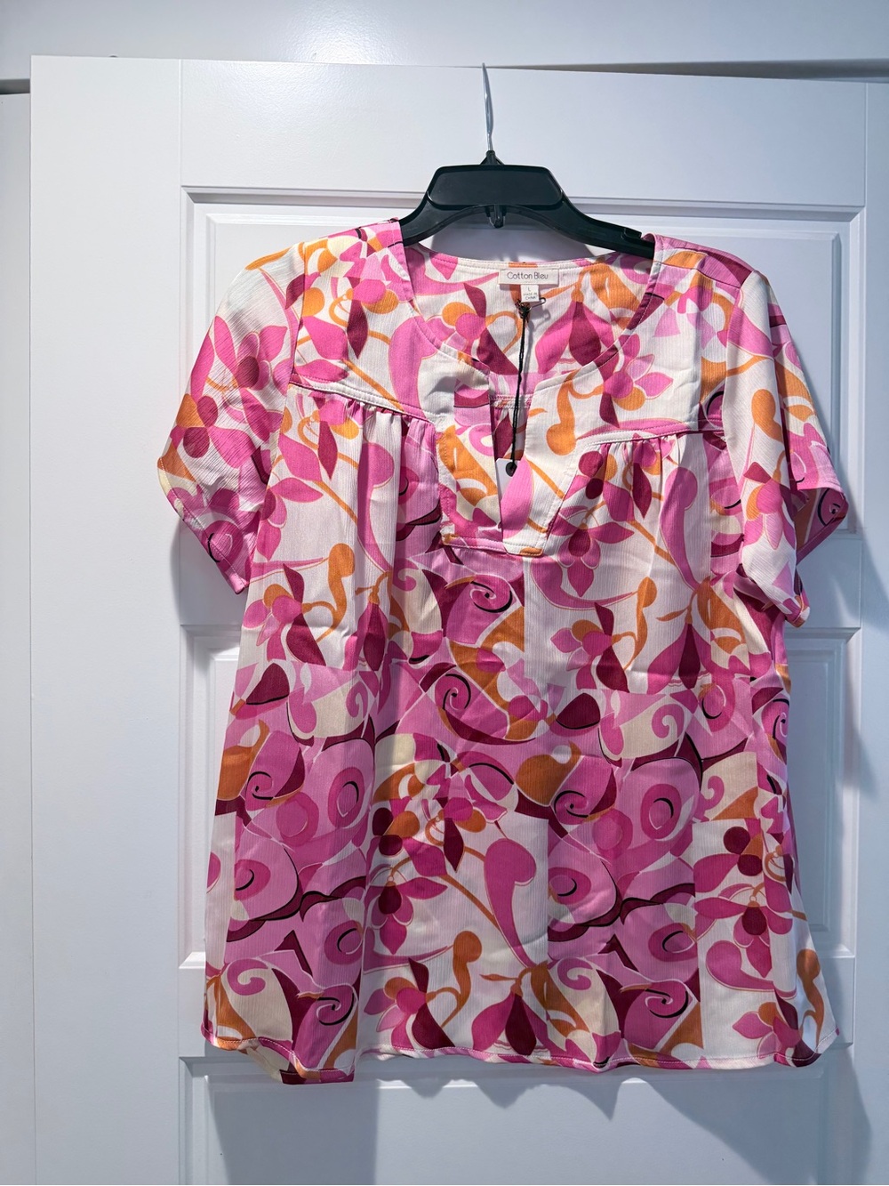Cotton Bleu Pink Floral-Print Short Sleeve Blouse